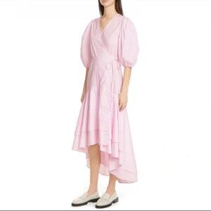 GANNI Poplin Puff Sleeve Wrap Dress in Pink Cherry Blossom Size M